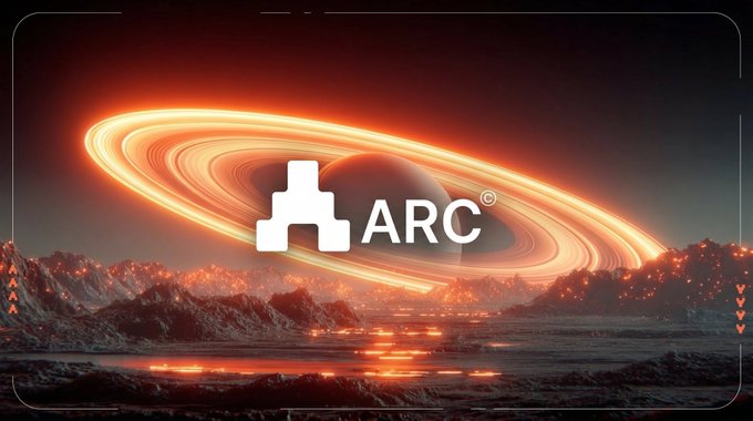 A digital artwork featuring the white 'ARC' logo with a copyright symbol centered against a dramatic cosmic background showing a planet with bright orange rings and a rocky, fiery landscape below.