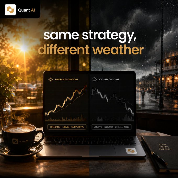 A promotional graphic for Quant AI showing 'same strategy, different weather' with two charts comparing favorable and adverse market conditions.