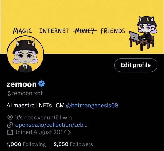 A Twitter/X profile page for 'zemoon' (@zemoon_xbt), with the header text 'MAGIC INTERNET MONEY FRIENDS' and a bio reading 'AI maestro | NFTs | CM @betmangenesis69'.