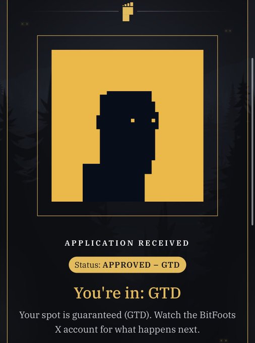 A dark-themed digital interface shows a pixelated silhouette avatar with the text 'APPLICATION RECEIVED', 'Status: APPROVED – GTD', and 'You're in: GTD', indicating a guaranteed spot for BitFoots.