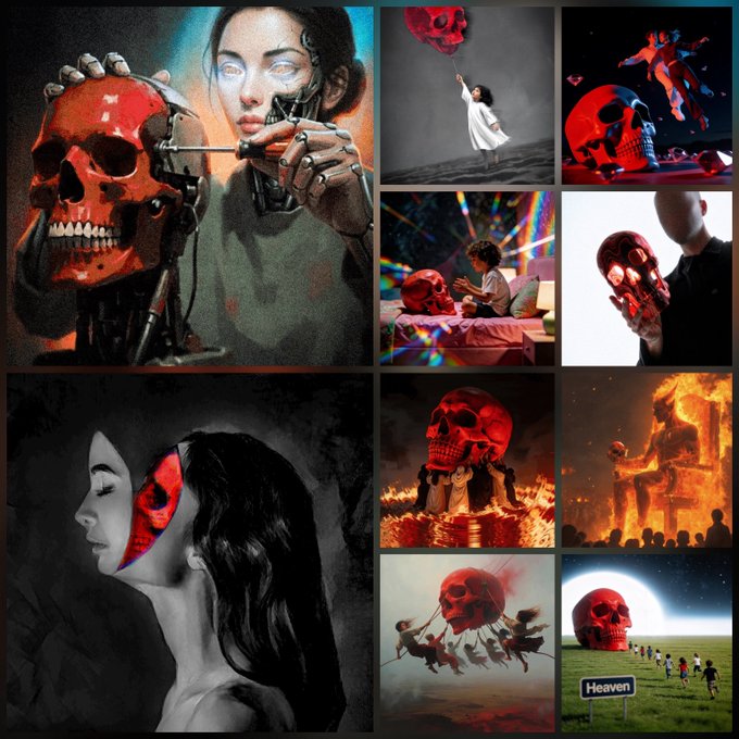 A collage of nine surreal digital art images featuring dark, dramatic scenes with prominent red skulls, including a woman holding a skull, a figure with a floating skull balloon, a small child with a skull, and a sign reading 'Heaven' pointing toward a giant red skull.