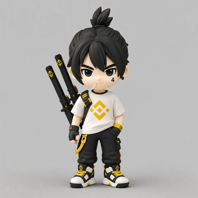 The image features a figurine of a boy with black hair, dressed in a white shirt and black pants, holding two swords. The figurine has a yellow diamond symbol on its chest. The background of the image is gray, which contrasts with the colorful figure and makes it stand out. The caption to the image reads: "#币安盲盒 @dappOS_com 两居落偶非常惊艳".