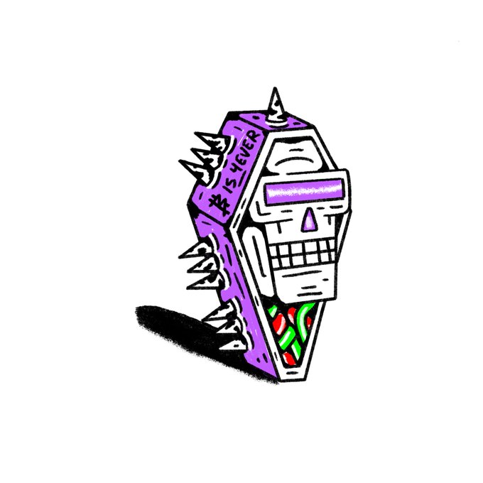 A stylized illustration of a coffin-shaped arcade cabinet in purple and white, featuring spikes, neon green and red tube designs, and the text "$ IS 4EVER" written on its side.