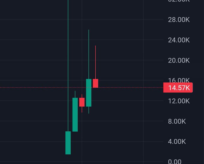 The image shows a candlestick chart with a highlighted price level of 14.57K, depicting volatile price action ranging from near 0 to over 32K, likely representing the dramatic surge of one of the mentioned coins (possibly $PONS or $4STOCK) referenced in the post about coins that surged 500x-1000x in price.