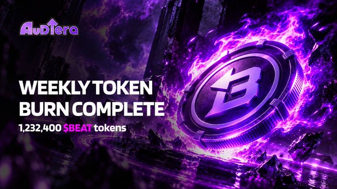 An advertisement for 'Audiera' displays a glowing purple coin engulfed in flames, announcing 'WEEKLY TOKEN BURN COMPLETE' of 1,232,400 $BEAT tokens.