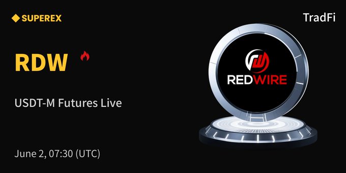 The image features a black background with white text that reads "RDW USDT-M Futures Live" at the top of the screen. Below this, there's an image of a silver circle with a red logo, which says "Red Wire". The text also mentions that the event is happening on June 2nd and 7th, and it is scheduled for 3:30 (UTC).