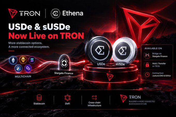 Promotional graphic announcing USDe & sUSDe stablecoins now live on the TRON blockchain, featuring Ethena branding, Stargate Finance integration, and details about availability and cross-chain infrastructure.