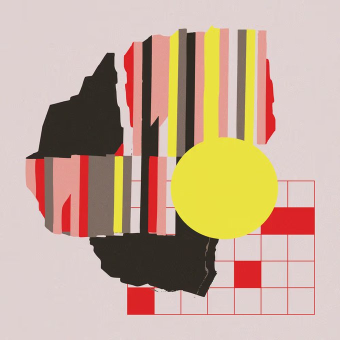 An abstract digital artwork featuring an irregular black shape overlaid with vertical red, yellow, and brown stripes, a large yellow circle, and a red grid pattern.