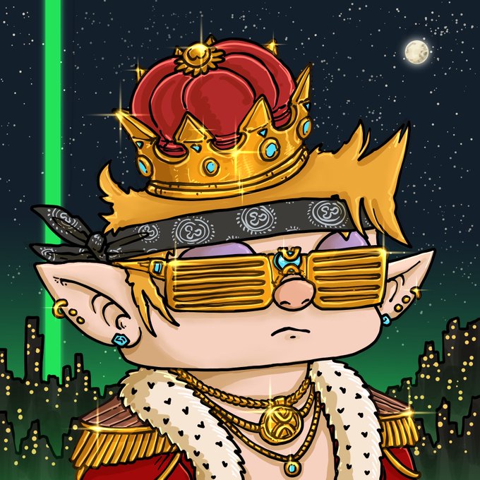 A cartoonish illustration depicts a regal gnome character wearing an ornate golden crown, shutter-style sunglasses, a bandana, and royal attire with gold chains, set against a night sky with a cityscape and green beam in the background. The image complements the post by visually representing the "King Gnome" NFT being celebrated on the XRP Ledger, with no visible text or tickers in the artwork itself.