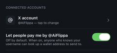 A settings screen showing a connected 'X account' (@AIFlippa) with an option labeled 'Let people pay me by @AIFlippa' toggled on.