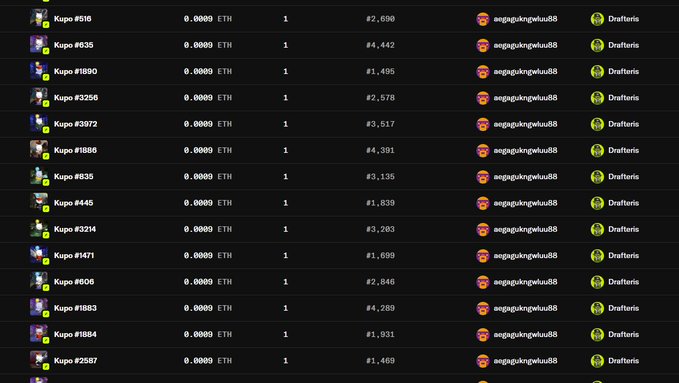 A list of NFT transactions or purchases (Kupo items) priced at 0.0909 ETH each, attributed to the user 'aegagukngwlu88', with several items listed from Drafteria.