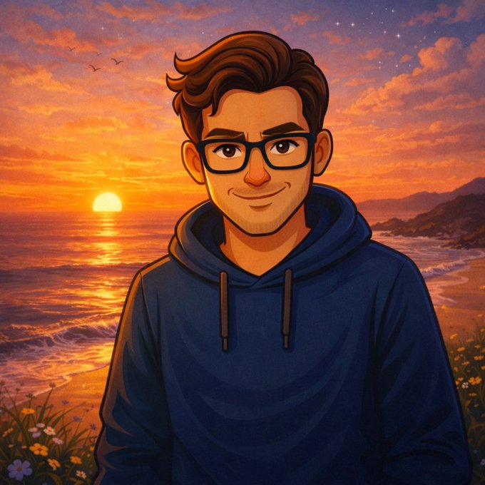 iced coffee with a straw, blue hoodie, and glasses-wearing man against a sunset backdrop of orange and pink hues over the ocean.