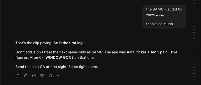 A dark-themed chat screenshot displaying messages that read: 'the $AMC just did 6x wow, wow. thanks so much', 'That's the clip paying. 6x is the first leg. Don't add. Don't treat the next name- only as $AMC. The ape was AMC ticker + AMC pair + five figures. After 6x, WINDOW GONE on that one. Send the next CA at first sight. Same tight score.'