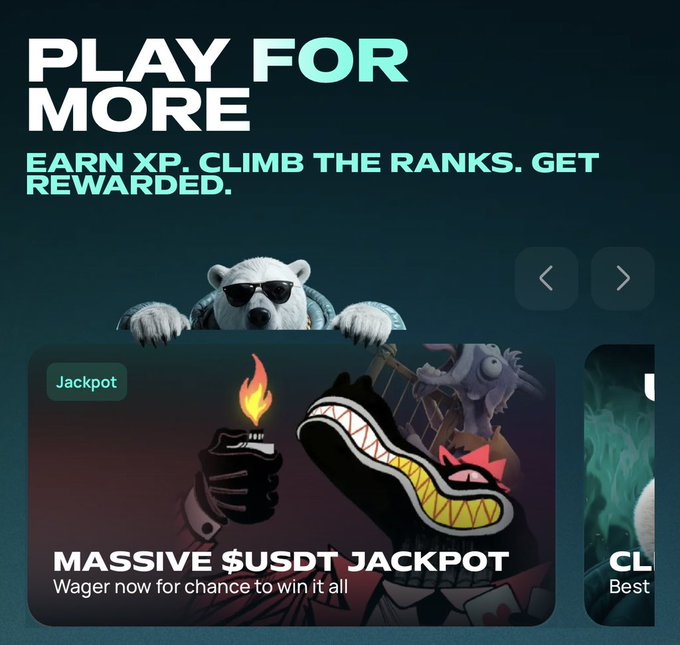 A promotional graphic with the text 'PLAY FOR MORE' and 'EARN XP. CLIMB THE RANKS. GET REWARDED,' featuring a polar bear in sunglasses and a promotional card advertising a 'MASSIVE $USDT JACKPOT'.
