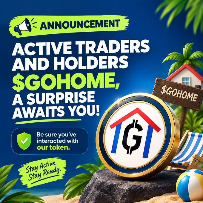 A promotional graphic titled 'ANNOUNCEMENT' targeting 'ACTIVE TRADERS AND HOLDERS' of the $GOHOME token, featuring a coin with a house logo and a wooden sign reading '$GOHOME' against a tropical beach backdrop, with text saying 'A SURPRISE AWAITS YOU!' and 'Stay Active. Stay Ready.'