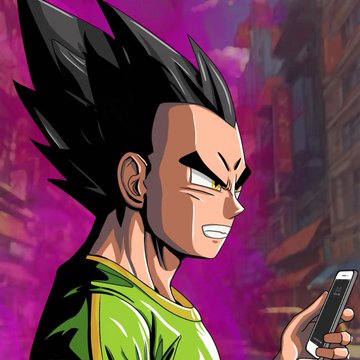 An anime character resembling Vegeta from Dragon Ball Z looks frustrated while staring at a smartphone, set against a purple urban backdrop. The image humorously illustrates the post's joke about feeling like an addict while juggling VeChain NFT quests on mobile and minting on PC.