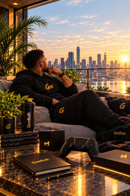 A man wearing black loungewear with 'Gee' and 'G' logos sits on a couch overlooking a city skyline at sunset, surrounded by branded 'GeeBuilt' and 'M' merchandise including books, a controller, and a water bottle.