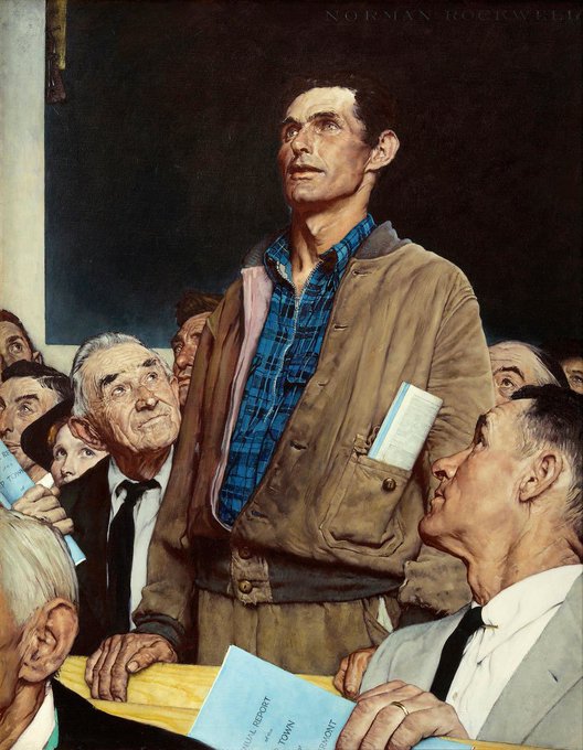 A classic Norman Rockwell painting, signed 'NORMAN ROCKWELL' in the upper right corner, depicts a tall man in a brown jacket standing among a crowd of seated, older men in a town meeting setting.