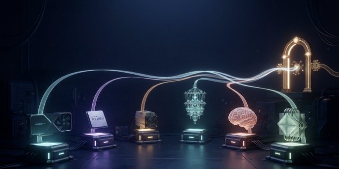 A dark futuristic digital illustration showing various glowing objects connected by light streams to a large neon faucet.