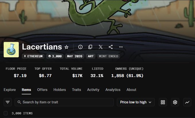 The image shows a screenshot of a website called "lacertians" that has information about NFTs (Non-Fungible Tokens) for sale, including details such as floor prices, minting dates, and descriptions of items available for purchase. The post also mentions that the website is free to explore but requires payment for certain items or traits. The image includes a green lizard character in the top left corner, which adds an interesting visual element to the overall layout.
