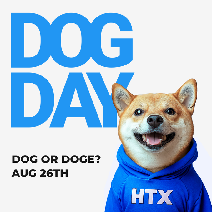 The image promotes "DOG DAY" on August 26th, featuring a smiling Shiba Inu dog (resembling the Doge meme) wearing a blue "HTX" hoodie, with text asking "DOG OR DOGE?" This ties into the accompanying post about dropping the "E" from Doge to reference the $DOG token listed on HTX.