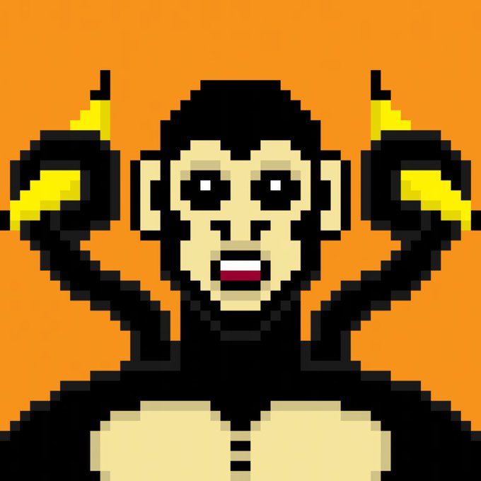 A pixel art portrait of a monkey character with its arms raised against a solid orange background.