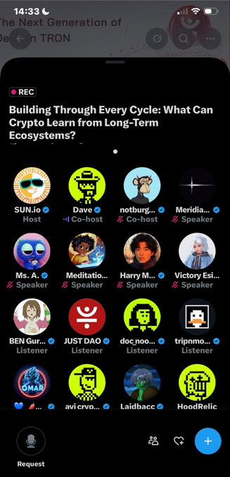 The image shows a Twitter Spaces recording titled "Building Through Every Cycle: What Can Crypto Learn from Long-Term Ecosystems?" featuring hosts SUN.io and Dave (@crypto_do), co-hosts notburgerr and Meridiam, and various speakers including Ms. A., Meditation, Harry M., and Victory Esi, aligning with the post's discussion on how successful crypto ecosystems sustain innovation across market cycles.