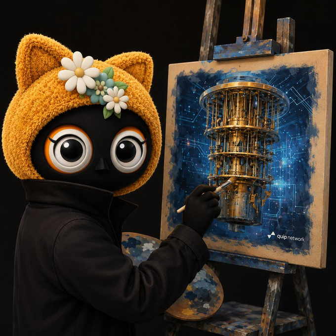 The image features an artist wearing a cat-themed hat and coat while painting a picture of a machine with blue and gold colors. The artist's hand is holding a paintbrush as they work on their creation. The scene takes place against a black background, which contrasts nicely with the colorful artwork. The post caption reads: "gQuip on a Sunny GM Bitcoin was built for self custody. But self custody means nothing if wallets can’t evolve with the future. That's why @quipnetwork feels important. Instead of waiting years for chains and wallets to coordinate upgrades, Quip adds a post quantum".