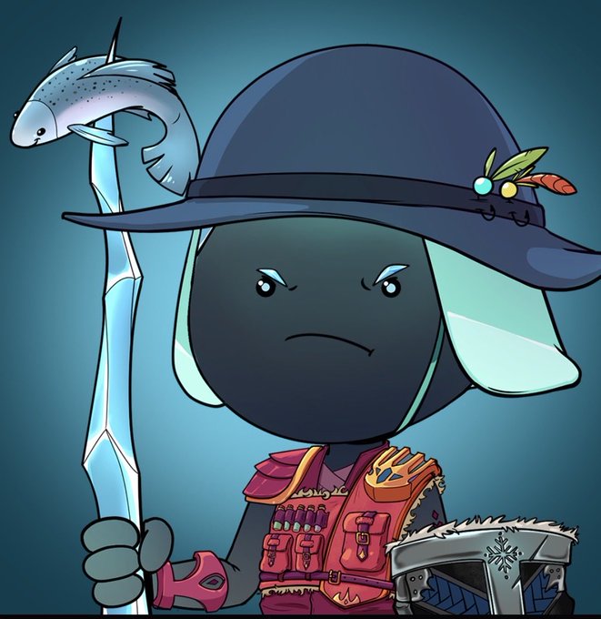 A cartoon character with dark blue skin, mint-green hair, and a wide-brimmed witch hat, holding an ice staff topped with a fish.