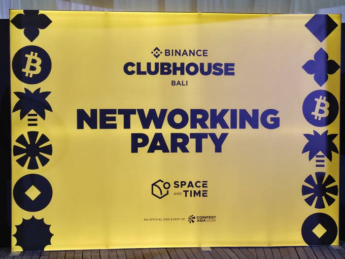 A yellow banner for a 'BINANCE CLUBHOUSE BALI NETWORKING PARTY' hosted by Space and Time, featuring Binance and Bitcoin logos, marked as an official side event of Coinfest Asia 2025.