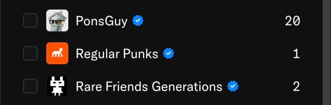 A list on a dark background features "PonsGuy" with 20, "Regular Punks" with 1, and "Rare Friends Generations" with 2, each accompanied by a blue checkmark.