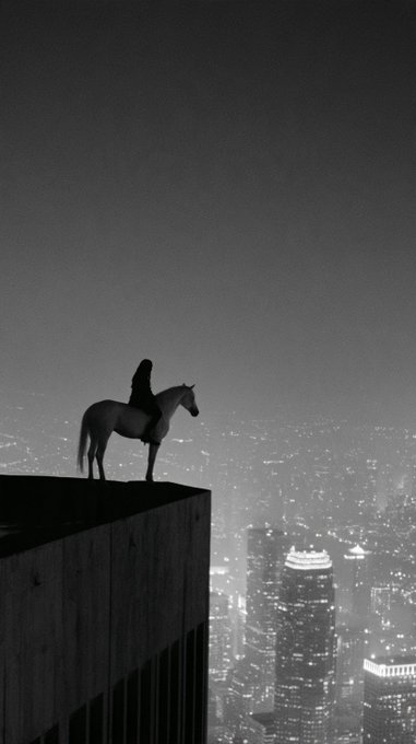 A black-and-white vertical photo showing the silhouette of a person sitting on a horse at the edge of a rooftop, overlooking a city at night.
