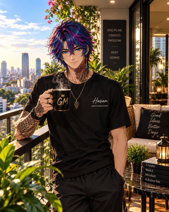 An anime-style illustration of a young man with purple and blue hair holding a 'GM' mug on a balcony overlooking a city skyline, with text 'Hasan CRYPTO ENTHUSIAST' on his shirt.