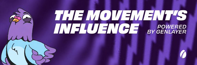 Promotional banner reading 'THE MOVEMENT'S INFLUENCE POWERED BY GENLAYER' featuring a purple cartoon bird on a dark purple textured background.