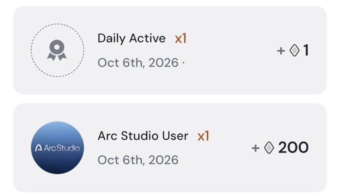 A digital notification panel displays two achievements from Oct 6th, 2026: a 'Daily Active' badge earning +1 token, and an 'Arc Studio User' badge earning +200 tokens.