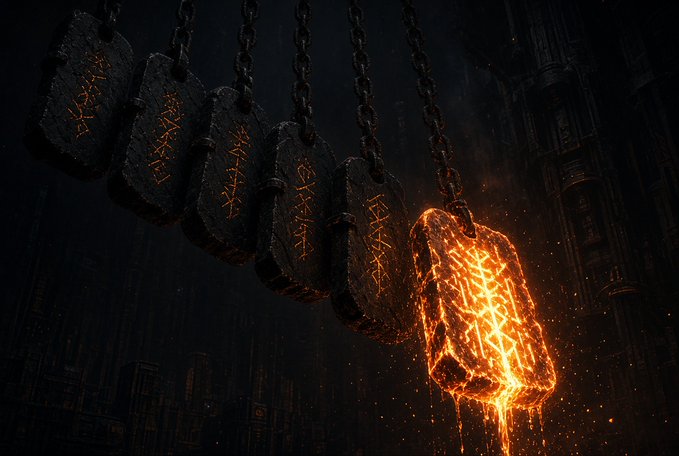 A row of dark stone tablets with glowing orange runes hangs from chains in a dark, gothic setting, with the final tablet blazing with fiery molten energy.