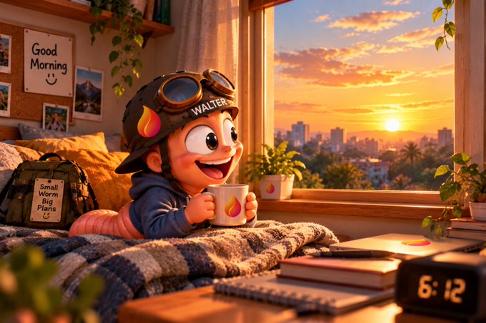 Pixar-style 3D illustration of a cartoon boy with goggles on a cap, holding a mug in a cozy room overlooking a city at sunset, with text 'WALTER', 'Good Morning', 'Small Worm Big Plans', and a clock showing '6:12'.