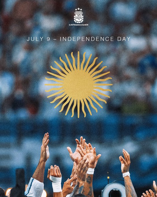 A promotional graphic for AFA Selección featuring the Argentine Sun of May in gold over a crowd with raised hands, with text reading 'JULY 9 – INDEPENDENCE DAY' and the hashtag '#AFASeleccionEN'.