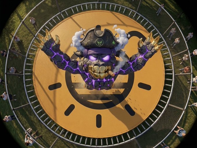 A 3D rendering of a menacing, rock-like monster character wearing a pirate hat with smoke billowing from it and glowing purple cracks, standing with raised clawed hands in the center of a circular arena with a large smiley face painted on the floor.