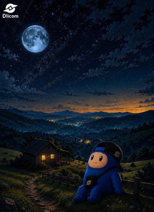 A digital illustration showing a cute blue Dlicom mascot character (with a planet/Saturn-like logo) sitting on a hillside at night overlooking a lit valley, a small cabin, and a full moon.