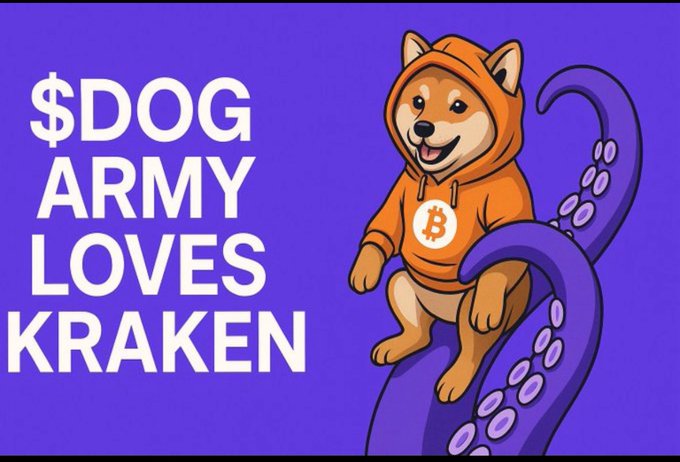 A cartoon Shiba Inu dog wearing an orange hoodie with a Bitcoin logo sits on a purple octopus tentacle against a blue background, with the text "$DOG ARMY LOVES KRAKEN" displayed prominently. The image visually celebrates the crypto community's enthusiasm for the $DOG token and Kraken exchange, matching the post's theme of bullish sentiment and excitement about a Friday rally.