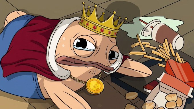 The image features a cartoon fish wearing a crown and sitting next to a pile of fries and a soda can. The fish appears to be sad or disappointed as if it has just heard some personal news, possibly related to the post about the person leaving their job at AvaLabs.