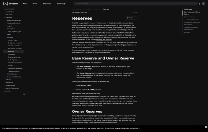 The image shows the XRP Ledger documentation page on "Reserves," detailing the XRPL's reserve requirements—including a base reserve of 1 XRP and an incremental reserve of 0.2 XRP per object—which directly supports the caption's point about how the ledger's account economics (specifically base reserves) determine affordability for users holding on-chain accounts.