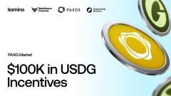 A promotional banner for a "$100K in USDG Incentives" campaign featuring the Paxos Gold (PAXG) token and logos for Kambo, Paxeos, and other partners.