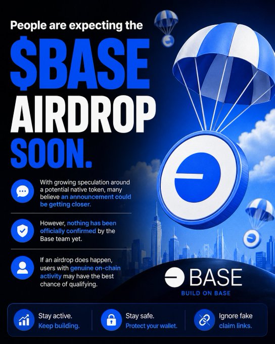 A promotional graphic for the anticipated "$BASE AIRDROP SOON" featuring parachutes delivering Base coin tokens above a city skyline, with key text emphasizing speculation around a potential Base native token airdrop, while noting that nothing has been officially confirmed and advising users to stay active, stay safe, and ignore fake claim links.
