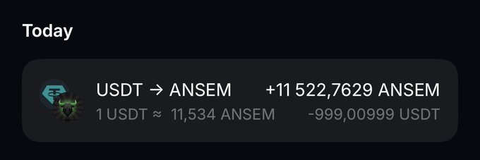 The image shows a crypto swap transaction on what appears to be a wallet or exchange app, displaying a trade of 999.00999 USDT for 11,522.7629 ANSEM (at a rate of approximately 11,534 ANSEM per 1 USDT), listed under "Today." This visually confirms the post's claim of converting 1K USDT into the $ANSEM token as a speculative bet on the next price move.