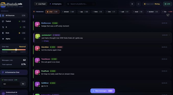 A screenshot of a live chat dashboard interface, likely for streaming, showing channels like Twitch, X, Kick, and Alpha, with a feed of viewer messages about 'zack', 'WW', and 'stream lmao'.
