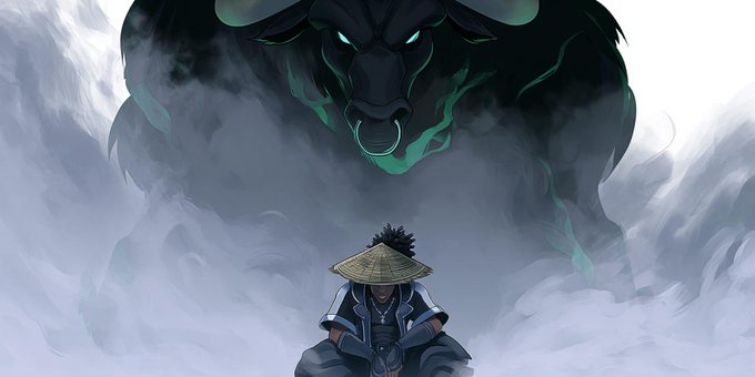 Anime-style artwork featuring a character in a straw hat and white robe seated in meditation, with a large dark green bull spirit looming behind them in mist.