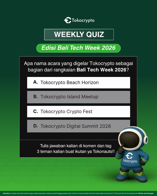 The image shows a Tokocrypto Weekly Quiz for the Bali Tech Week 2026 edition, featuring a multiple-choice question in Indonesian asking "What is the name of the event held by Tokocrypto as part of the Bali Tech Week 2026 series?" with options including Tokocrypto Beach Horizon, Island Meetup, Crypto Fest, and Digital Summit 2026, alongside a Tokocrypto mascot. The post invites followers to comment their answers and tag three friends to participate.