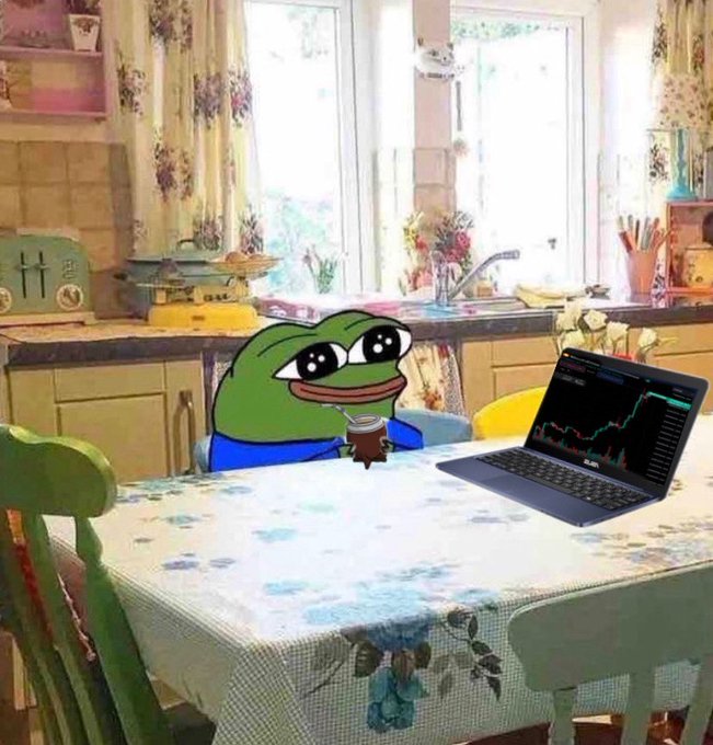 A Pepe the Frog meme image sitting at a kitchen table holding a coffee cup and looking at a laptop displaying a rising stock chart.